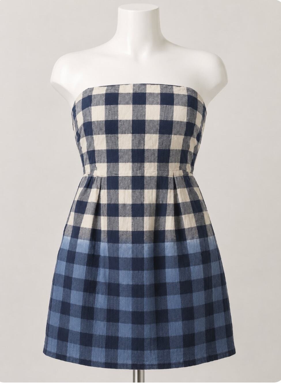 Gap Cute Plaid Linen Tan Black Blue Navy Ombre Strapless Dress Side Pockets 2